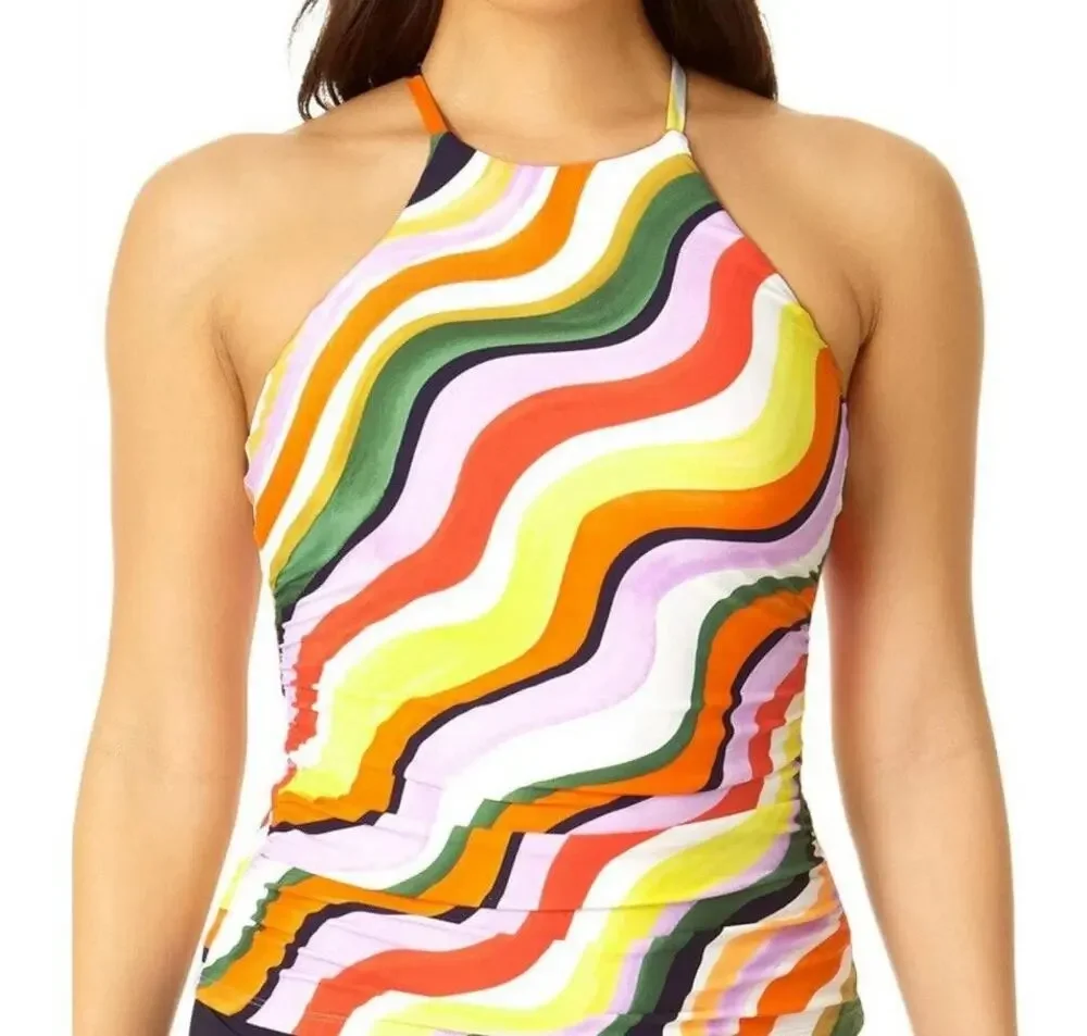 NWT Anne Cole High Neck Printed Tankini Swim Bathing Suit Top Women's Size Large